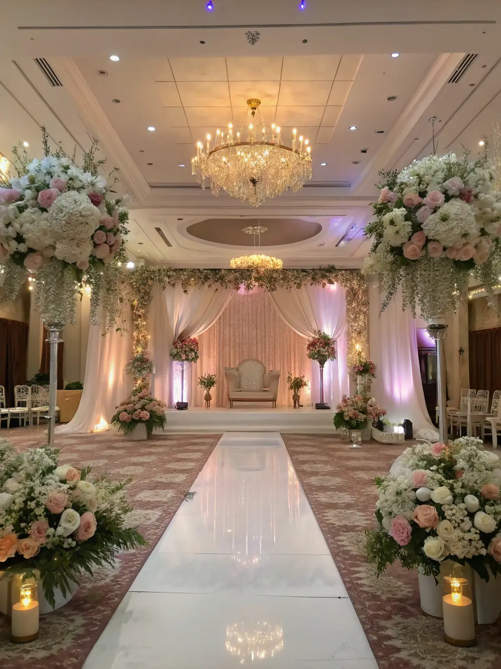 A photo of a beautifully decorated wedding venue, highlighting floral arrangements and elegant table settings, reflecting Kylect's wedding planning services.