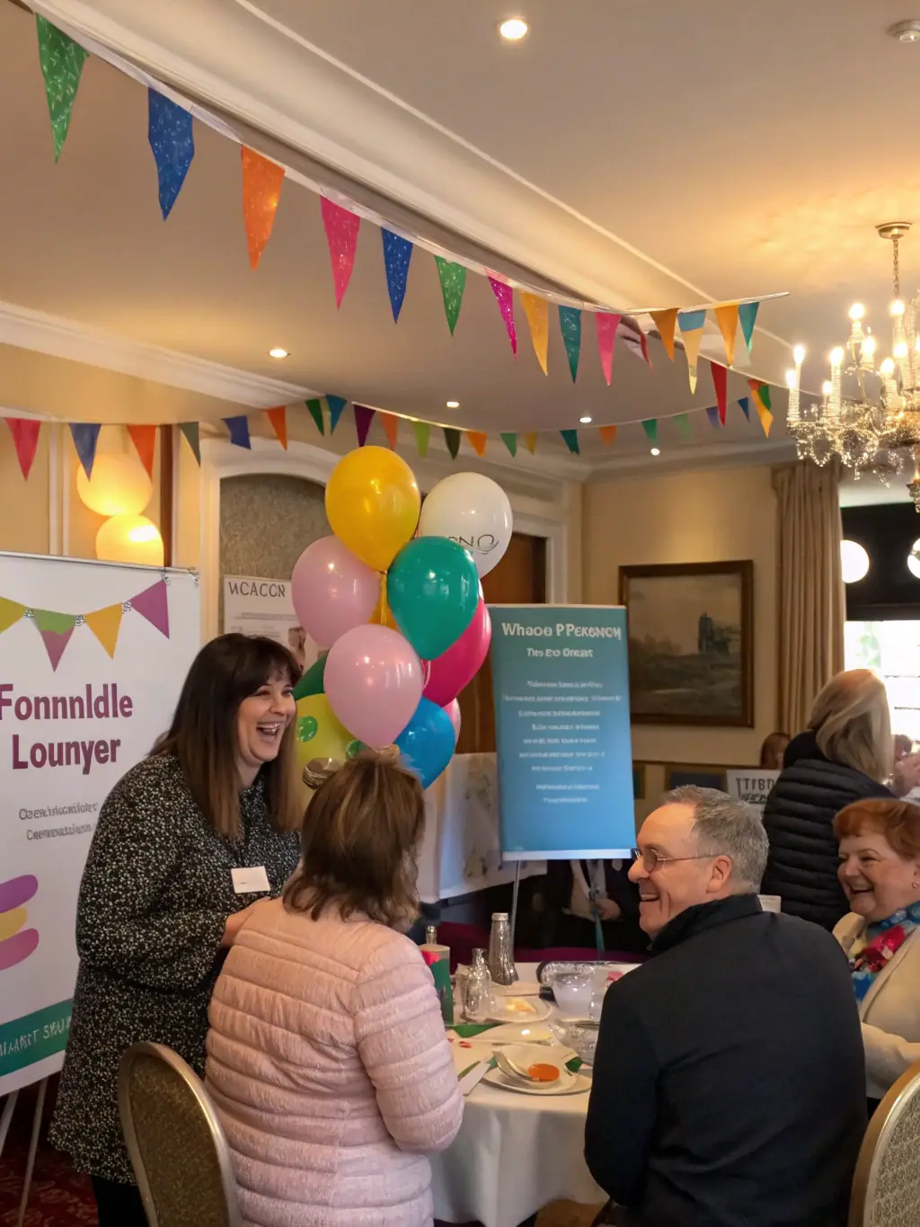 A dynamic image of a non-profit fundraising gala, showing attendees engaged in activities and a successful fundraising thermometer display.