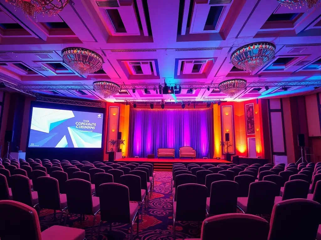 A vibrant image showcasing a beautifully decorated corporate event, with elegant floral arrangements and professional lighting, reflecting Kylect's expertise in event production.